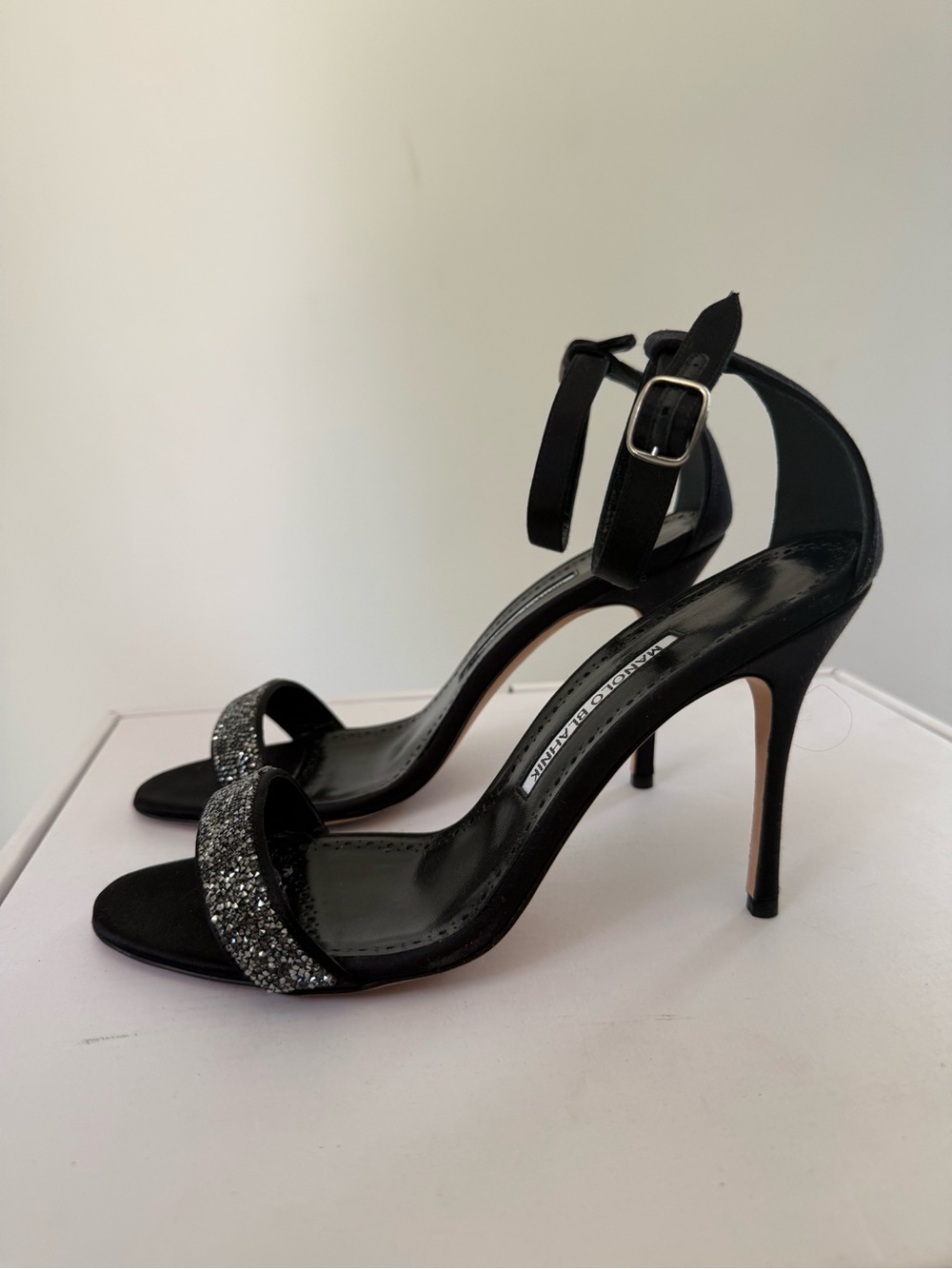 Manolo Blahnik Satin Crystal Embellished Stiletto Sandals Size:38.5 New #Lux-CL